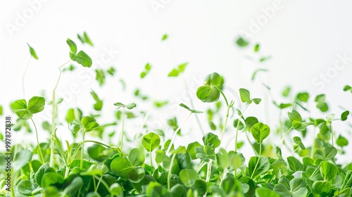 Ultra-realistic view of pea shoots gracefully floating in the air against a pristine white background, showcasing intricate details and vibrant colors, perfect for culinary and botanical themes.