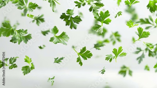 Ultra-realistic sprigs of parsley flying through the air against a clean white background, showcasing vibrant green colors and fine details