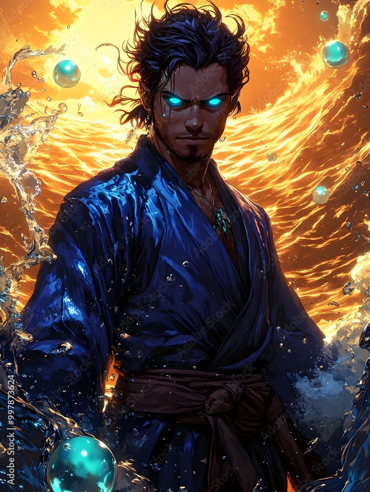 Fototapeta premium Majestic Water Mage Wielding Shimmering Elemental Powers in Enchanting Ocean Backdrop