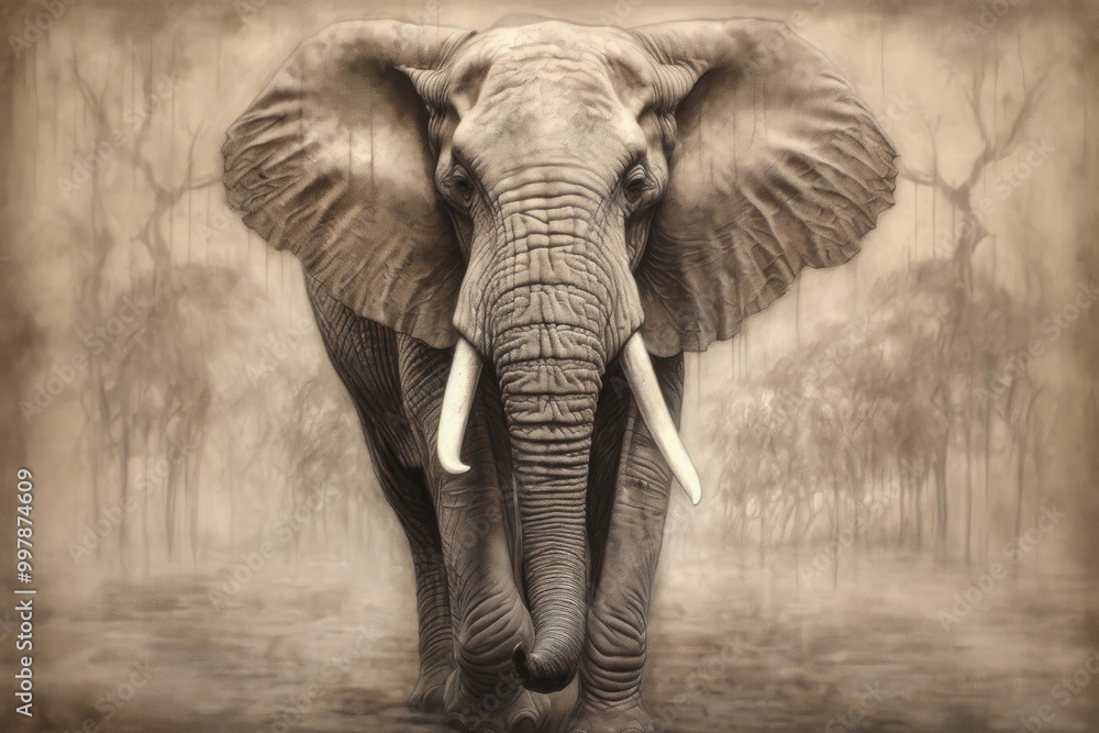 Naklejka premium A majestic elephant walking through a misty landscape.