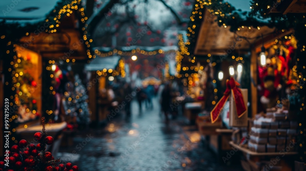 Blurred image of outdoor christmas market in the evening street with illuminated wooden kiosks decorated with festive lights and ornaments selling christmas goods. Happy new year and merry christmas Blurred image of outdoor christmas market in the evening street with illuminated wooden kiosks decorated with festive lights and ornaments selling christmas goods. Happy new year and merry christmas