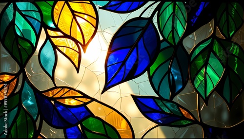 Wallpaper Mural Abstract Leaf Shapes in Stained Glass Art with Captivating Light Reflections Torontodigital.ca