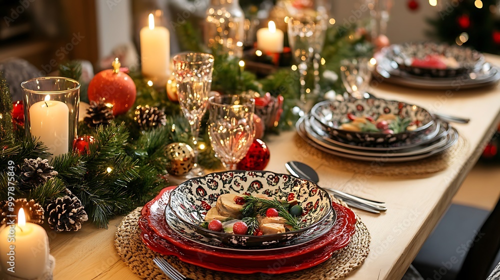 Christmas dinner table set with festive dishes and candles Christmas dinner table set with festive dishes and candles