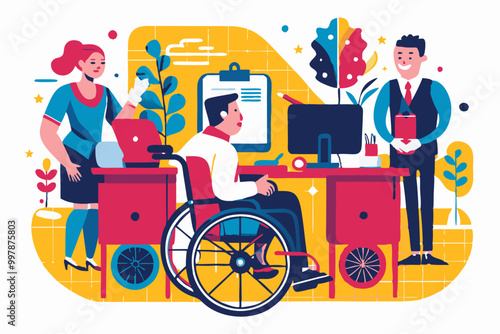 Inclusive Workplace Environment Illustration with Diverse Team and Wheelchair