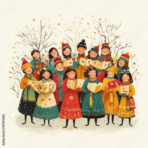 A group of children sing carols together in a snowy winter scene.