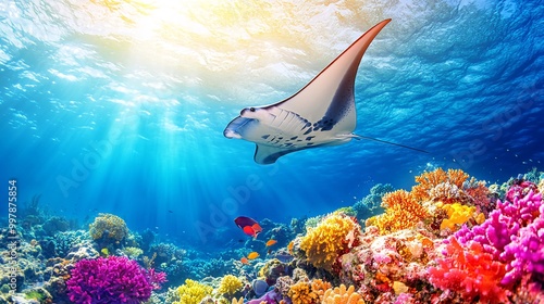 A manta ray swims over a vibrant coral reef with sunlight streaming down from above.