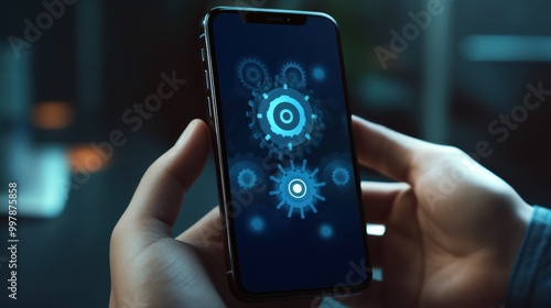 Wallpaper Mural A smartphone is held in hands. The screen shows blue gears and circles.


 Torontodigital.ca