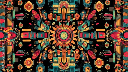 On a black background, a digital illustration of Aztec-inspired patterns with vibrant colors and intricate designs creates a sense of exoticism