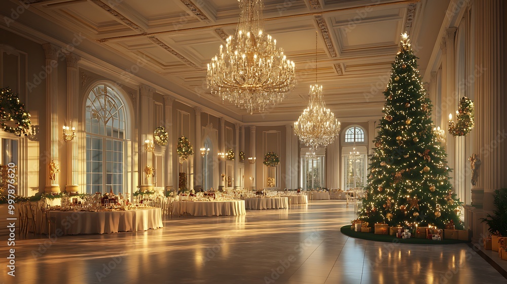 A grand ballroom with crystal chandeliers and a towering Christmas tree A grand ballroom with crystal chandeliers and a towering Christmas tree