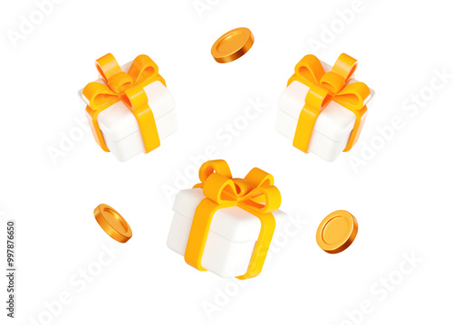 3d white gift box with yellow ribbon and flying gold coins. Stock vector illustration on isolated background.