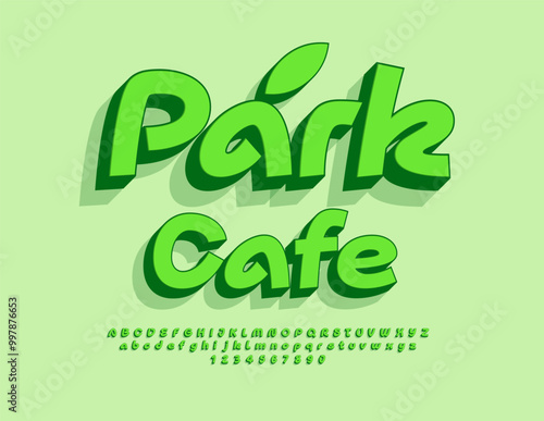 Vector eco concept Park Cafe. Creative Green 3D Font. Modern Alphabet Letters, Numbers and Symbols.