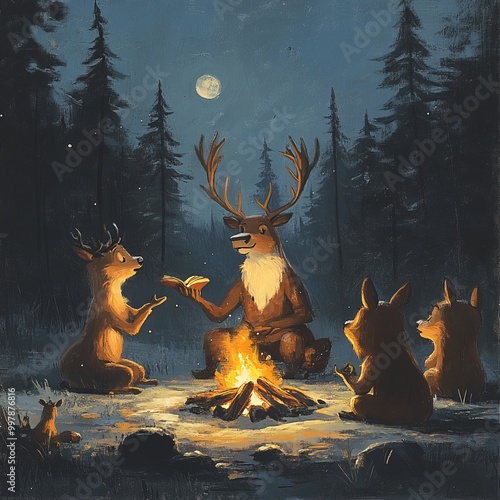 A group of deer gather around a campfire in the woods at night, one deer is reading a book. photo