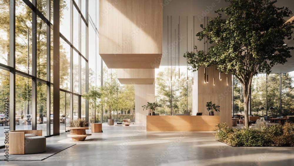Captivating Modern Interior: A Harmonious Blend of Nature and Contemporary Design Awaits in this Spacious Lobby Bathed in Natural Light and Warm Ambiance. Captivating Modern Interior: A Harmonious Blend of Nature and Contemporary Design Awaits in this Spacious Lobby Bathed in Natural Light and Warm Ambiance.