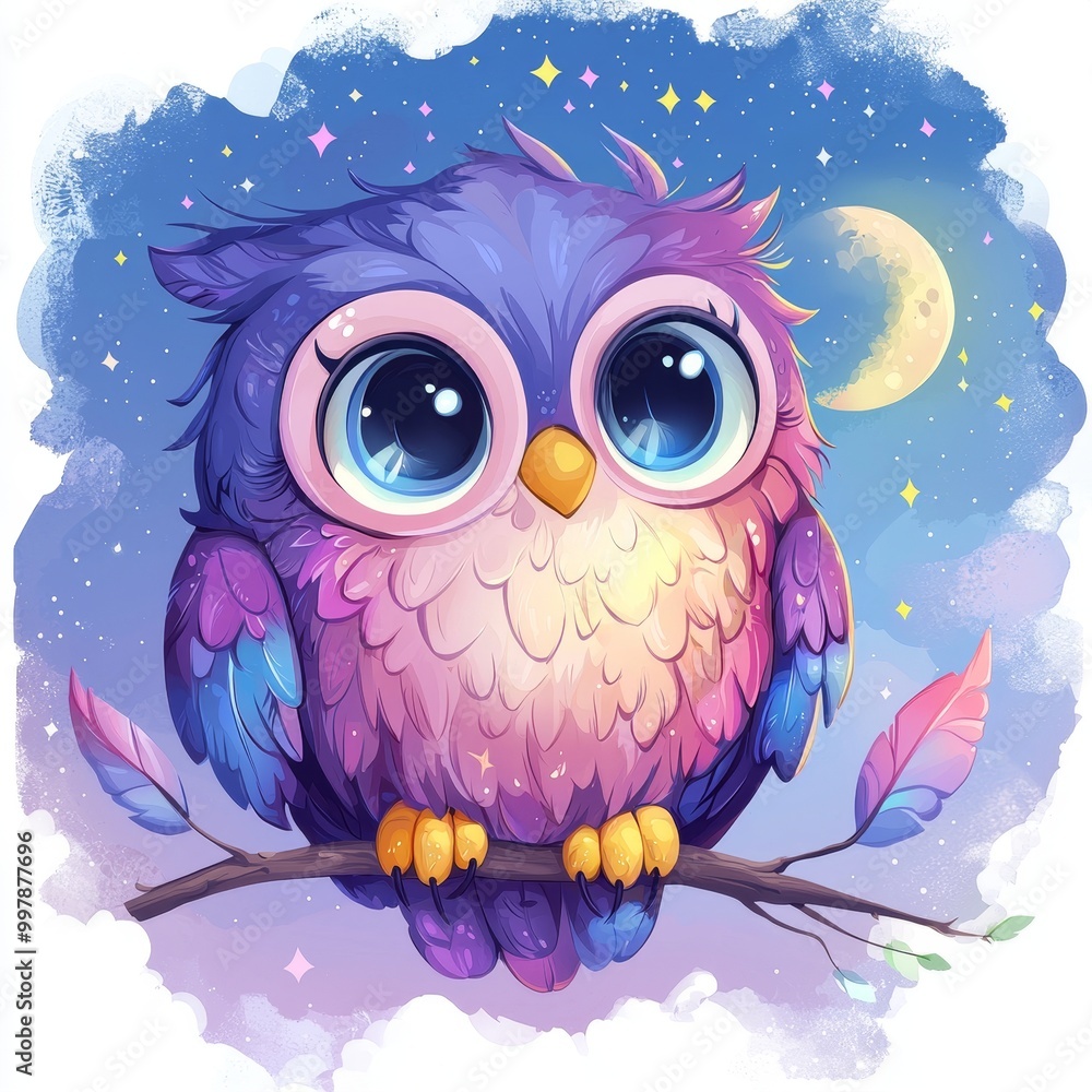 Naklejka premium Adorable owl sitting on a branch with moon and stars in the background, fantasy cartoon art
