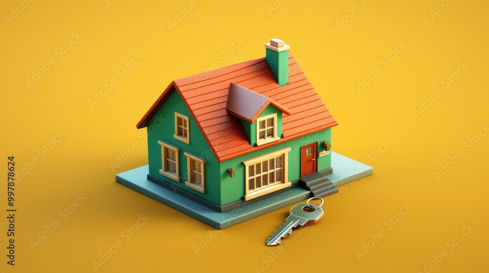 Green House with Orange Roof and Key on Yellow Background Green House with Orange Roof and Key on Yellow Background