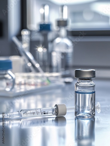 A detailed view of a vial containing a hormonal inhibitor on a clean laboratory surface, surrounded by scientific equipment. photo