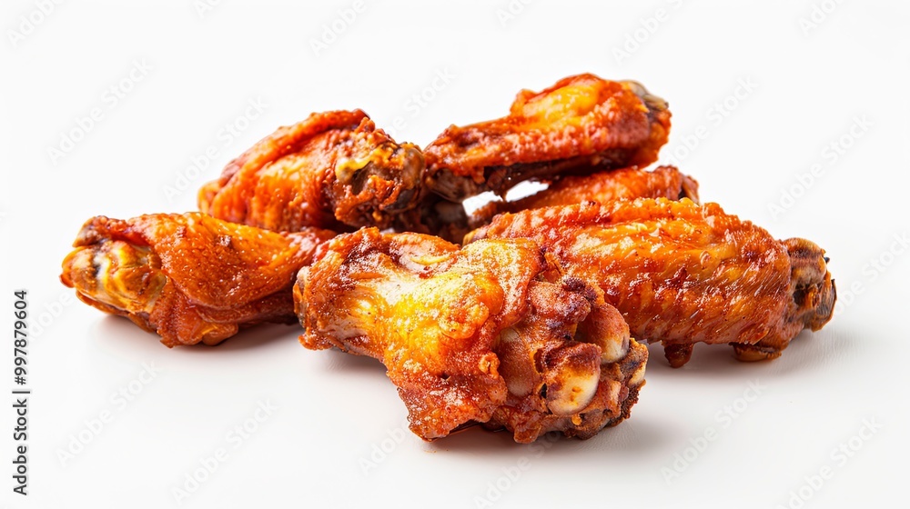 Crispy fried chicken wings in dynamic arrangement against white background, showcasing ultra-realistic fast food detail with high-definition Crispy fried chicken wings in dynamic arrangement against white background, showcasing ultra-realistic fast food detail with high-definition