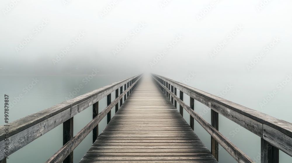 Obraz premium Wooden Bridge Leading into Foggy Lake