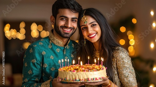 Portrait of a beautiful, smiling young couple in traditional Indian attire celebrating their wedding. They are looking at each other and wearing ethnic jewelry while standing under candles during 