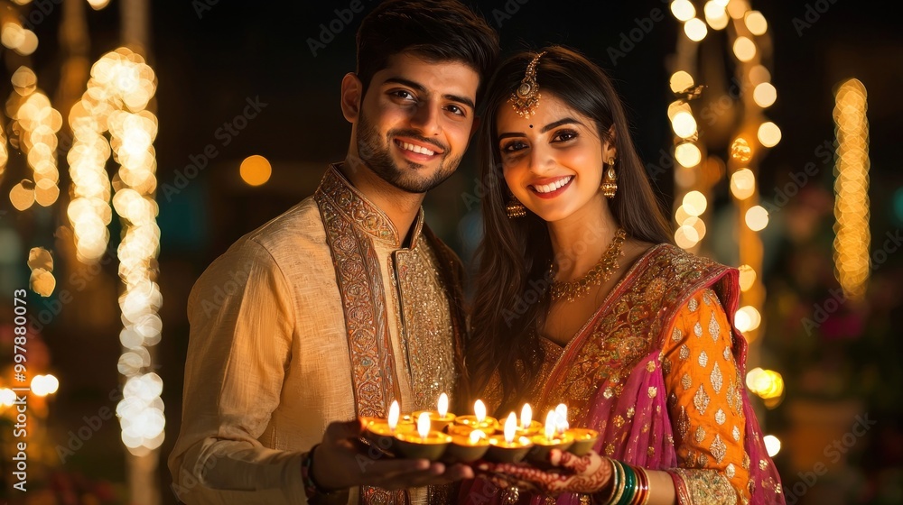 Portrait of a beautiful, smiling young couple in traditional Indian attire celebrating their wedding. They are looking at each other and wearing ethnic jewelry while standing under candles during Portrait of a beautiful, smiling young couple in traditional Indian attire celebrating their wedding. They are looking at each other and wearing ethnic jewelry while standing under candles during