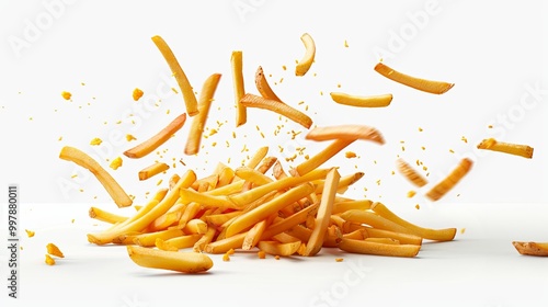 Ultra-realistic depiction of crispy French fries scattered in mid-air against a white background