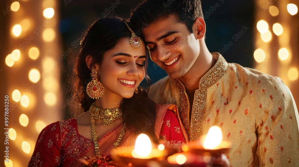 Portrait of a beautiful, smiling young couple in traditional Indian attire celebrating their wedding. They are looking at each other and wearing ethnic jewelry while standing under candles during Portrait of a beautiful, smiling young couple in traditional Indian attire celebrating their wedding. They are looking at each other and wearing ethnic jewelry while standing under candles during