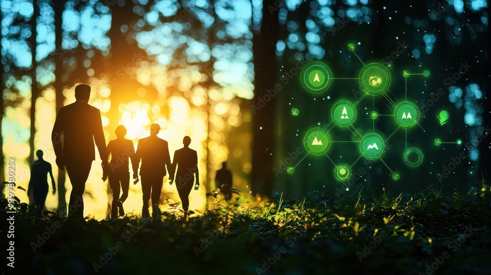Fototapeta premium Sustainable Leadership: Business Team Journeying Through Forest with Eco Icons & Watercolor Accents