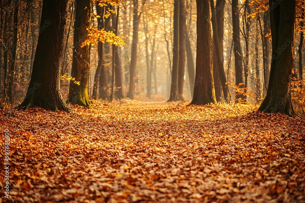 Obraz premium An enchanting woodland draped in warm autumn tones, where fiery leaves gently blanket the earth.