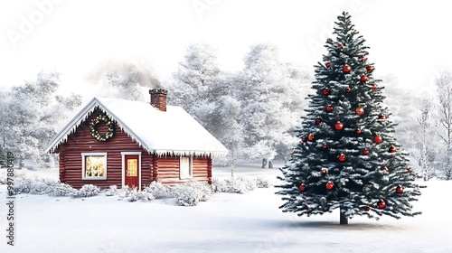 Snowy cabin with a decorated tree outside on a white background