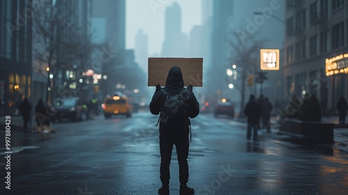 A solitary figure boldly brandishes a sign that questions the status quo, embodying the essence of resistance.