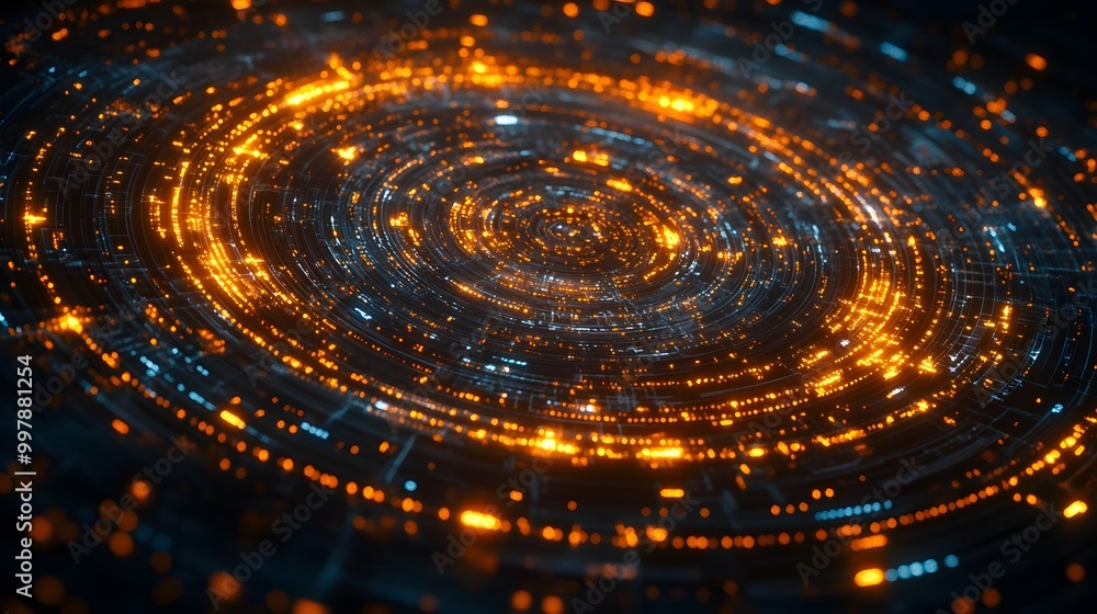 A 3D circular timeline with key moments in world history, such as wars and revolutions, placed on interconnected loops that glow softly, with dark space in the background. Sci-fi, Digital A 3D circular timeline with key moments in world history, such as wars and revolutions, placed on interconnected loops that glow softly, with dark space in the background. Sci-fi, Digital
