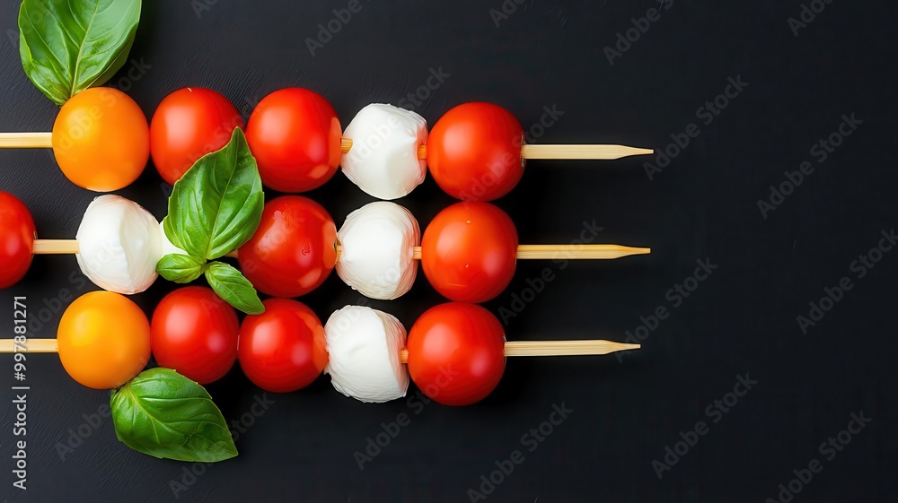 Bite-sized caprese skewers with cherry tomatoes, mozzarella, and basil, cocktail appetizers Bite-sized caprese skewers with cherry tomatoes, mozzarella, and basil, cocktail appetizers