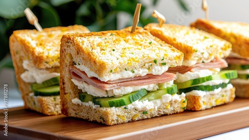 Assorted finger sandwiches with cucumber, ham, and cream cheese, perfect for a cocktail event photo