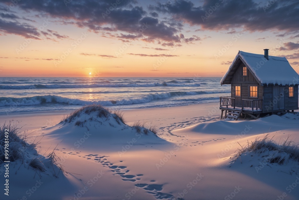 A cozy cabin in a snowy landscape at sunset, ideal for winter, travel, and nature content. A cozy cabin in a snowy landscape at sunset, ideal for winter, travel, and nature content.