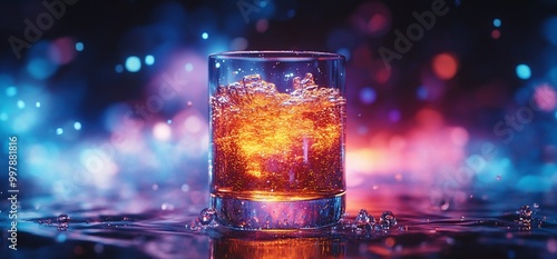 A vibrant glass of beverage with bubbles, illuminated by colorful lights.