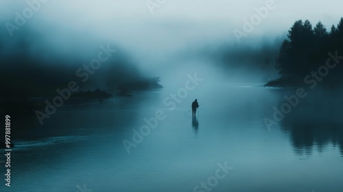 Solitary Figure Fishing in a Misty River