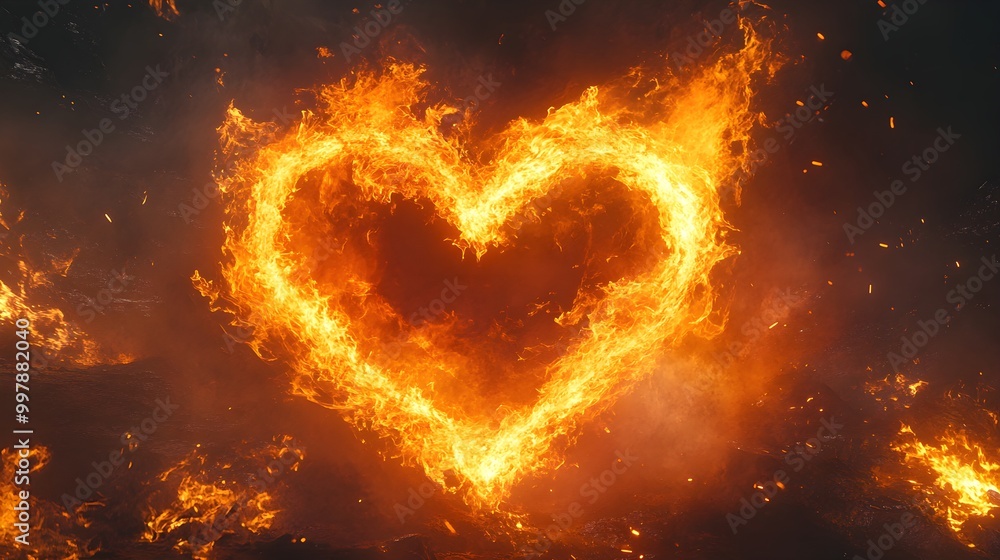Fototapeta premium A central heart engulfed by a ring of swirling fire, flames flickering in vibrant orange and red tones, representing the burning energy of love and desire. Surrealism, Fire, Warm tones, Symbolism