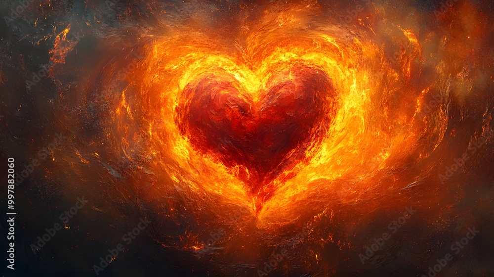 Fototapeta premium A central heart engulfed by a ring of swirling fire, flames flickering in vibrant orange and red tones, representing the burning energy of love and desire. Surrealism, Fire, Warm tones, Symbolism