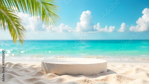 Wallpaper Mural A peaceful beach scene with a chair under palm trees, ideal for vacation, travel, and relaxation content. Torontodigital.ca