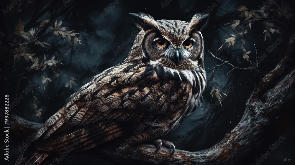 A majestic owl perched on a branch in a dark forest setting. A majestic owl perched on a branch in a dark forest setting.