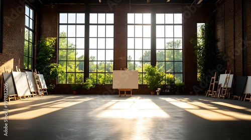 A circle of easels in a spacious loft-style studio, students painting a hyper-detailed still-life of various objects under dramatic lighting, with large industrial windows. Industrial, Realism