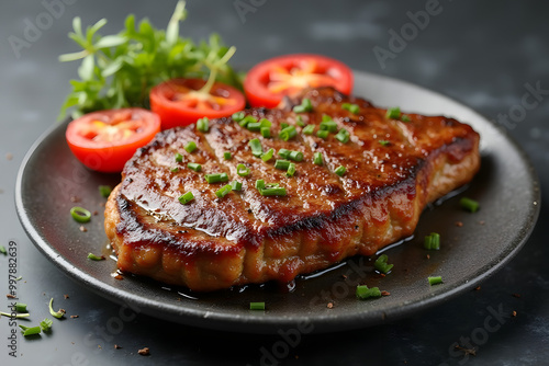 Grilled steak with fresh tomatoes and greens on a black plate