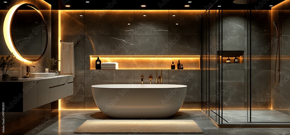 Modern bathroom with freestanding bathtub, shower, and backlit marble walls. Modern bathroom with freestanding bathtub, shower, and backlit marble walls.