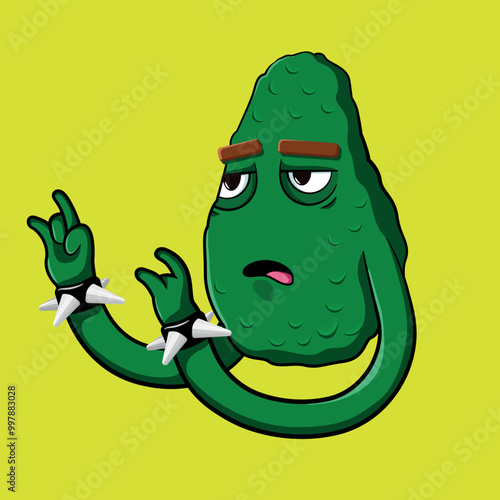 Vector illustration of a green avocado with a sarcastic expression, wearing spiked wristbands. Perfect for funny and original merchandise, clothing, or digital prints.