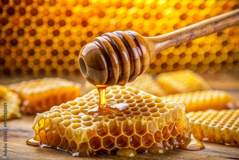 A honeycomb is shown with a honey drizzled over it A honeycomb is shown with a honey drizzled over it