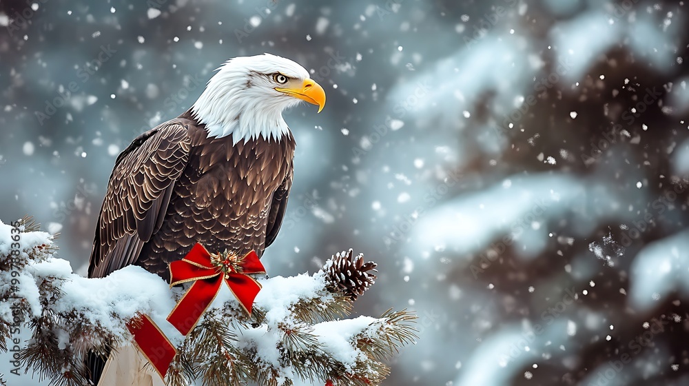 A majestic eagle perched on a snow-covered branch with a Christmas ribbon A majestic eagle perched on a snow-covered branch with a Christmas ribbon