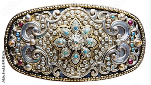 Dazzling rhinestone-studded belt buckle shines brightly, its intricate design and facets catching the light, exuding the flashy, glamorous essence of country western fashion and style. photo