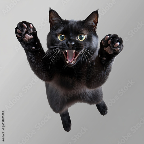 Angry and surprised black cat 
jumping on transparency background