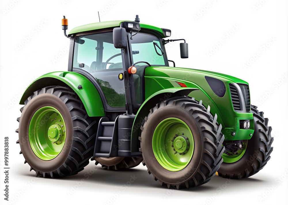 Sleek, high-tech green agricultural tractor with advanced features and heavy-duty wheels, isolated on a transparent background, symbolizing modern farming and sustainable practices. Sleek, high-tech green agricultural tractor with advanced features and heavy-duty wheels, isolated on a transparent background, symbolizing modern farming and sustainable practices.