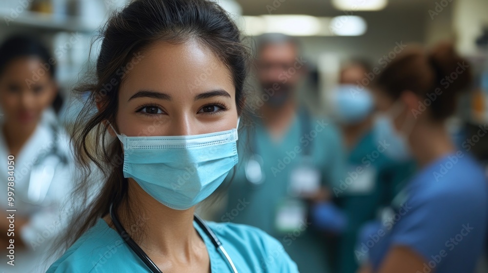 Smiling healthcare worker in a medical setting with colleagues. Smiling healthcare worker in a medical setting with colleagues.